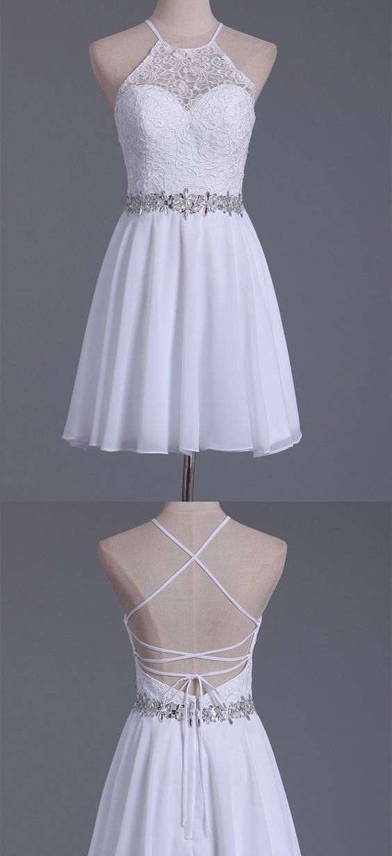 2024 White Halter & Short/Mini Dress Carly Chiffon Homecoming Dresses Lace A Line XXA243