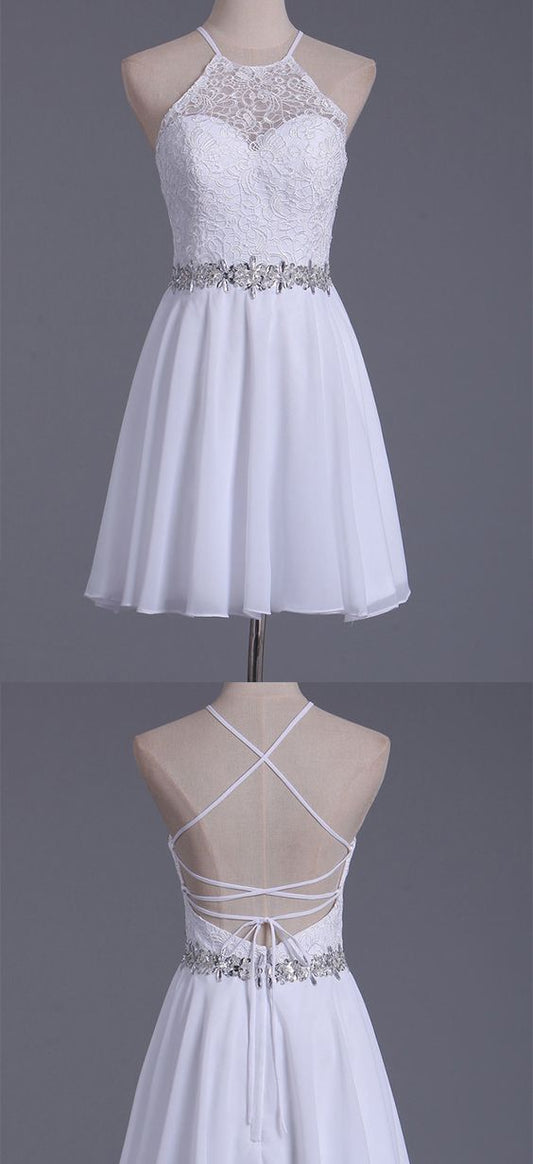 2024 White Halter & Short/Mini Dress Carly Chiffon Homecoming Dresses Lace A Line XXA243