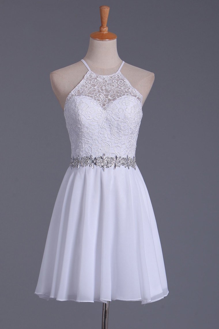 2024 White Halter & Short/Mini Dress Carly Chiffon Homecoming Dresses Lace A Line XXA243