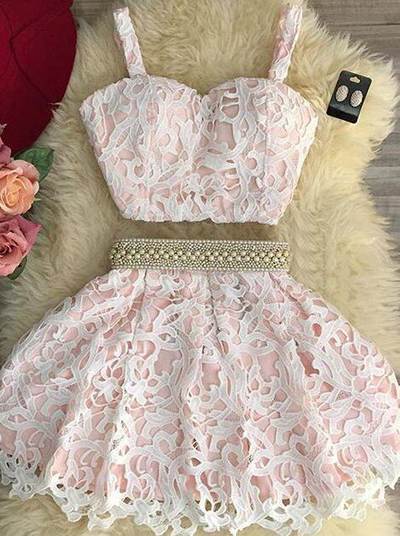 Pink Lace Two Pieces Homecoming Dresses America Cute Short CD244