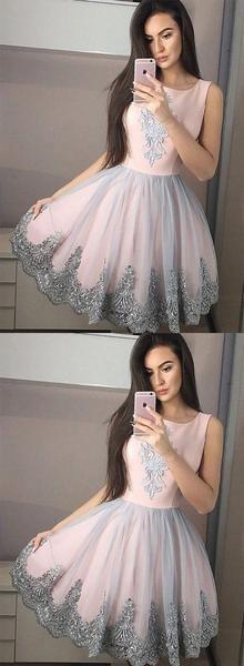 Round Neck Tulle Lace Homecoming Dresses Pink Jordan Short CD245