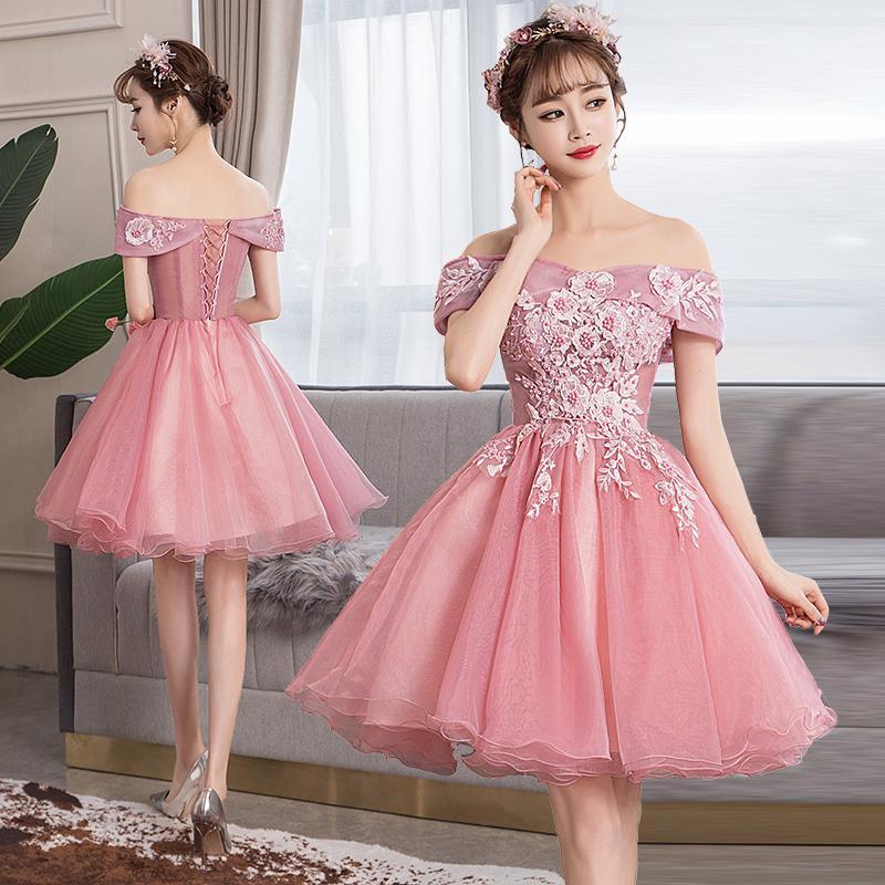 Lovely Applique Off Shoulder Cute Party Dress Short Lace Pink Gina Homecoming Dresses Formal Dress XXA24556