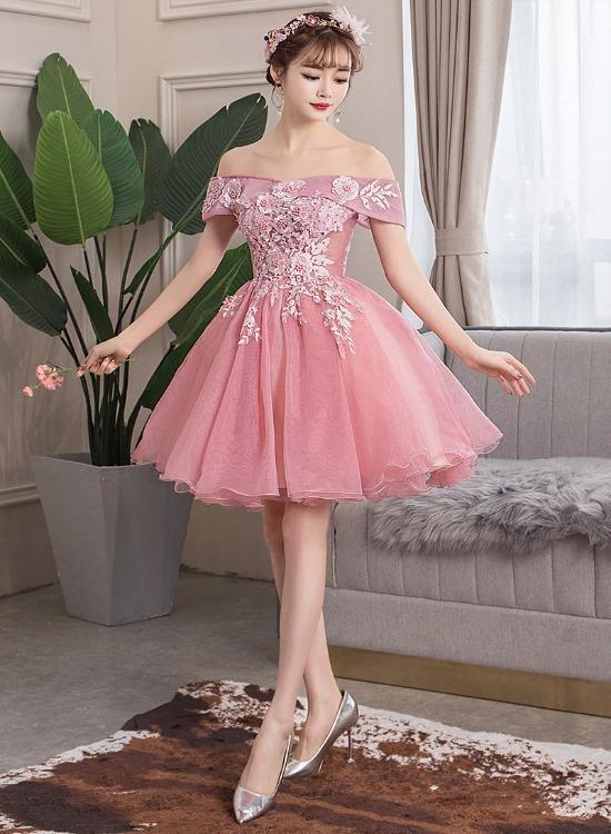 Lovely Applique Off Shoulder Cute Party Dress Short Lace Pink Gina Homecoming Dresses Formal Dress XXA24556