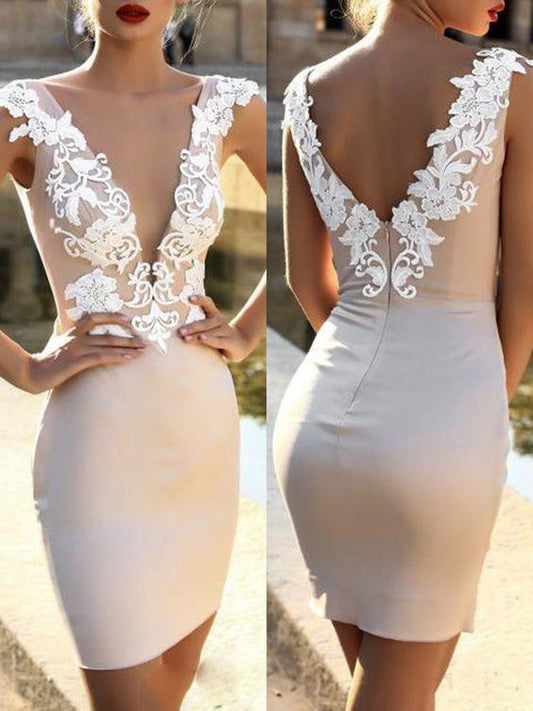 White Patchwork Zipper Backless Bodycon Deep V-Neck Elegant Mini Dress Sage Lace Homecoming Dresses XXA24588