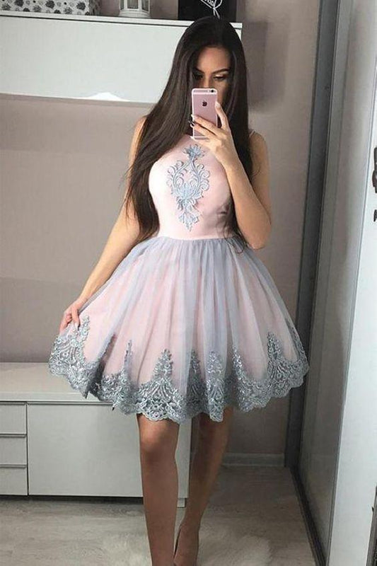 Round Neck Tulle Lace Homecoming Dresses Pink Jordan Short CD245