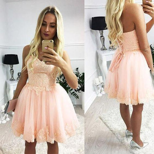 Blush Sweetheart Strapless Up Back Homecoming Dresses Pink Lace Danna XXA24604