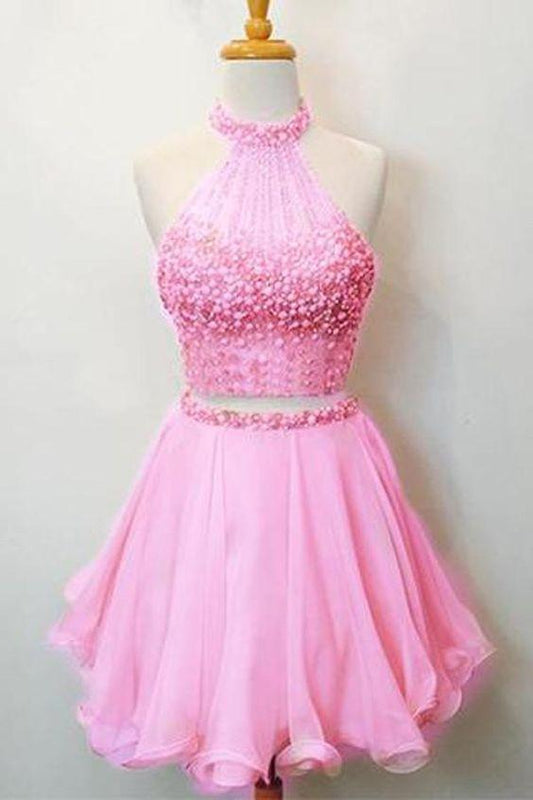 Hot Homecoming Dresses Pink Sabrina Two Piece Halter Beaded Scoop Neck Keyhole Back CD24615