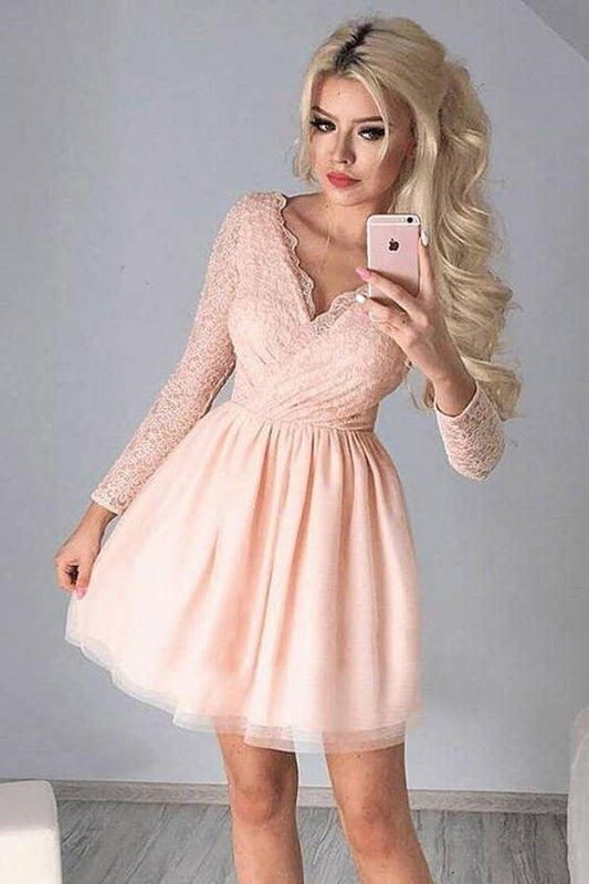 Ina Homecoming Dresses Lace Pink A-Line V-Neck Tulle Long Sleeves Tulle With XXA24663