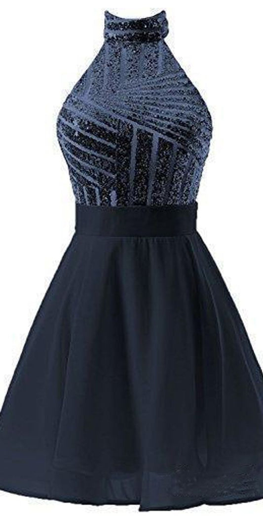 Chiffon Homecoming Dresses Cocktail Chloe Pink A-Line Halter Short Dress With Sequins CD2479