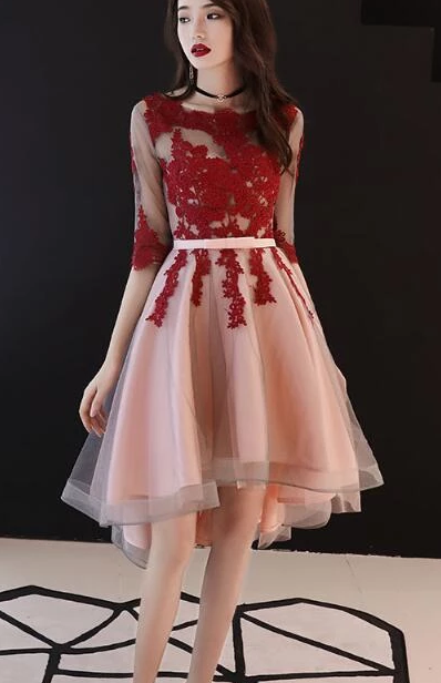 Beautiful 1/2 Lace Homecoming Dresses Ariana Sleeves High Low Red Party Dress Short XXA2507