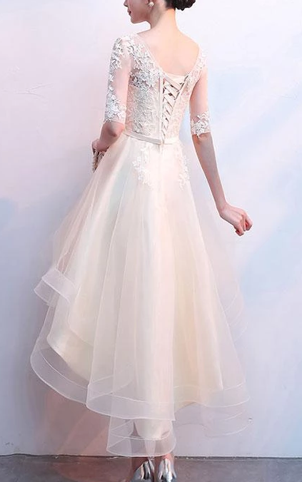 Cute Champagne And Tulle Short Sleeves Party Lace Homecoming Dresses Eileen Dress XXA2509