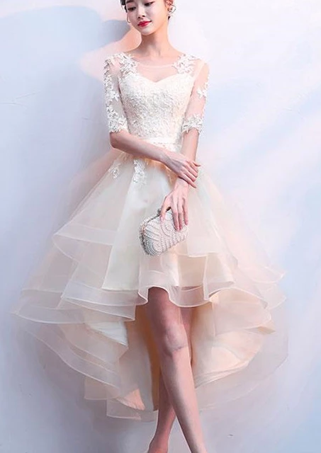 Cute Champagne And Tulle Short Sleeves Party Lace Homecoming Dresses Eileen Dress XXA2509