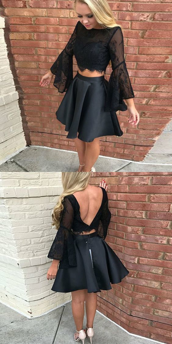 Two Piece Black Short Homecoming Dresses Charlize 2 Piece Bell Sleeves XXA254