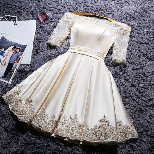 White Applique Off Lace Leila Homecoming Dresses Shoulder 3/4 Sleeve Stain XXA2545