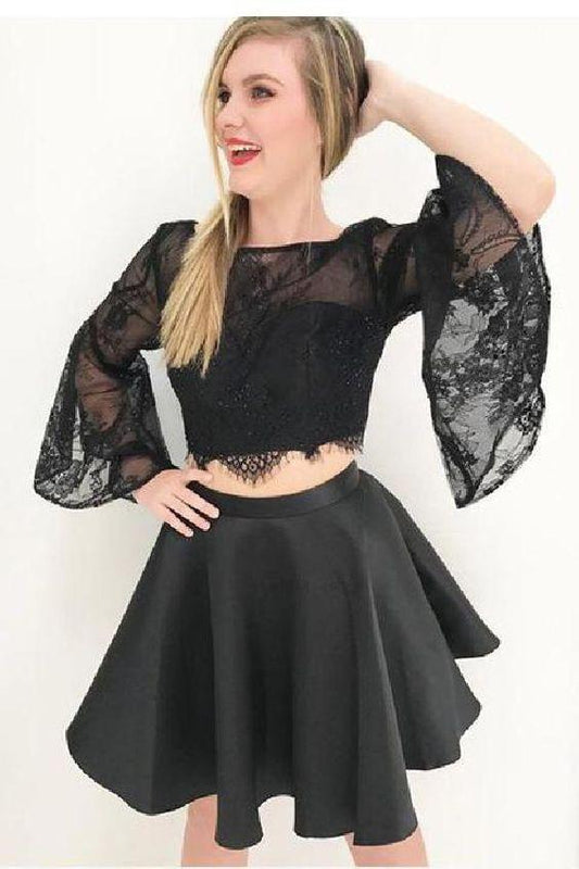 Two Piece Black Short Homecoming Dresses Charlize 2 Piece Bell Sleeves XXA254