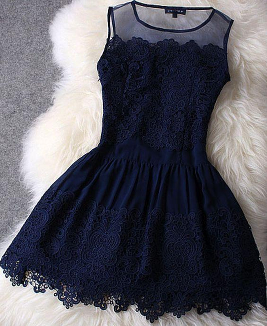 Dark Navy Blue Simple Princesses Dress Casual Homecoming Dresses Nola Lace Short Dress XXA2558