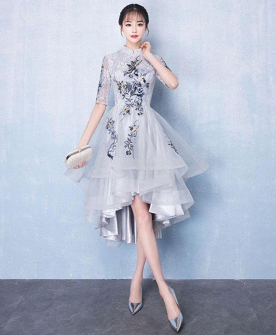 Cute Gray Tulle Applique Ellie Homecoming Dresses Lace High Low Dress Gray XXA2560