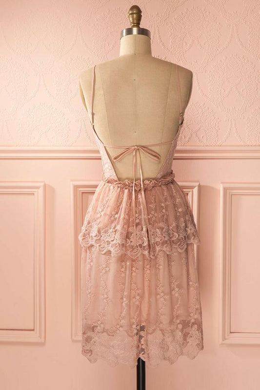 Lace Homecoming Dresses Pink Eliza A-Line Short Dress Spaghetti Straps Short Dresses Cheap XXA2561