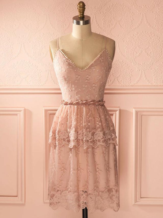 Lace Homecoming Dresses Pink Eliza A-Line Short Dress Spaghetti Straps Short Dresses Cheap XXA2561