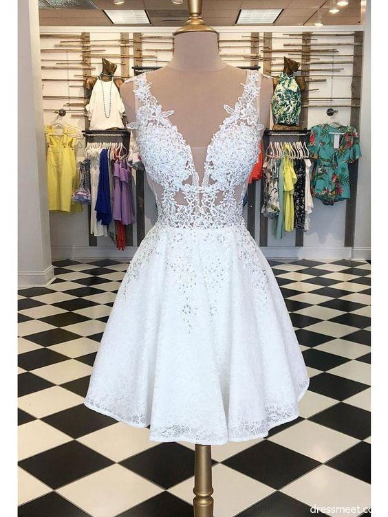 V Neck Open Tessa Homecoming Dresses Lace A Line Back White Short With Beading XXA2570