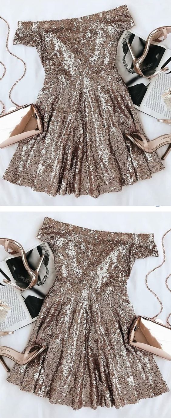 Stunning Gold Seuqins Off The Shoulder Cocktail Homecoming Dresses Logan Party Dresses Short Sleeves CD2587