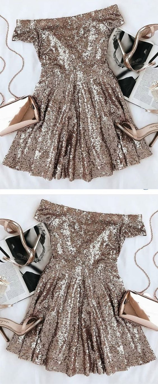 Stunning Gold Seuqins Off The Shoulder Cocktail Homecoming Dresses Logan Party Dresses Short Sleeves CD2587