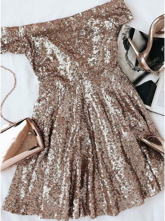 Stunning Gold Seuqins Off The Shoulder Cocktail Homecoming Dresses Logan Party Dresses Short Sleeves CD2587