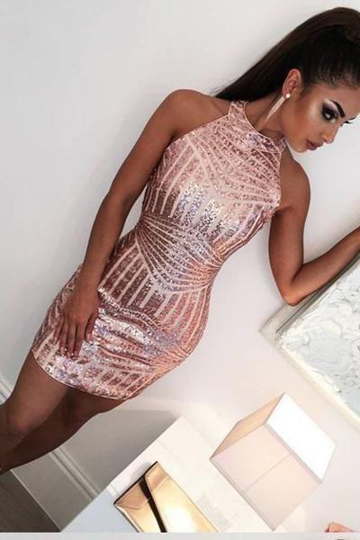 Sexy Halter Sleeveless Open Back Tight Short Rose Gold Homecoming Dresses Aleena With Sequins XXA2589