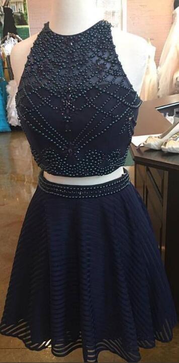 Two Piece Short Natasha Homecoming Dresses Navy Blue Beads CD2609