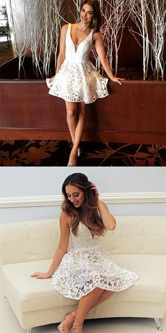 Sexy A-Line Spaghetti Strap Homecoming Dresses Lace Dylan V-Neck Short White XXA2625