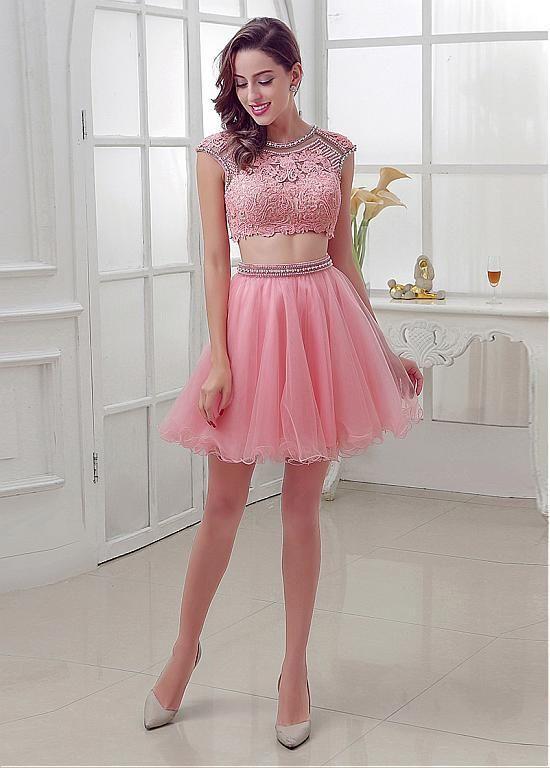 Allison Homecoming Dresses Lace Chic Tulle Jewel Neckline A-Line Two-Piece With XXA2675