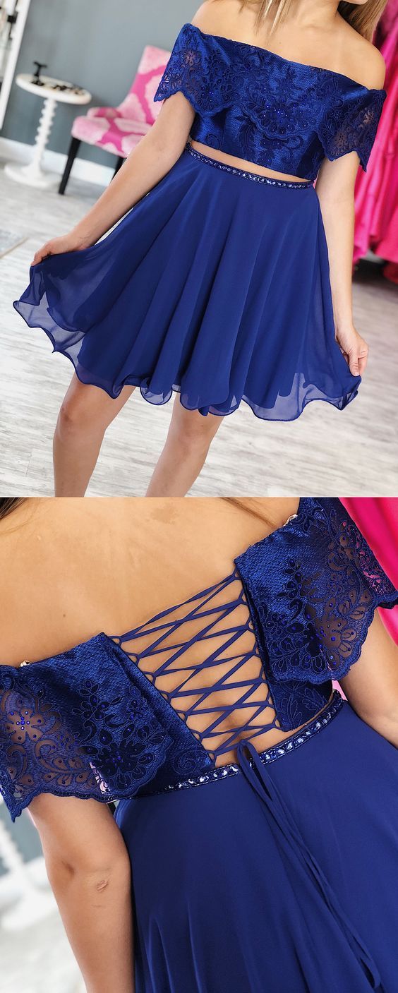 Cute Tow Piece Off Chiffon Aurora Royal Blue Lace A Line Homecoming Dresses The Shoulder Short With Beading XXA2688