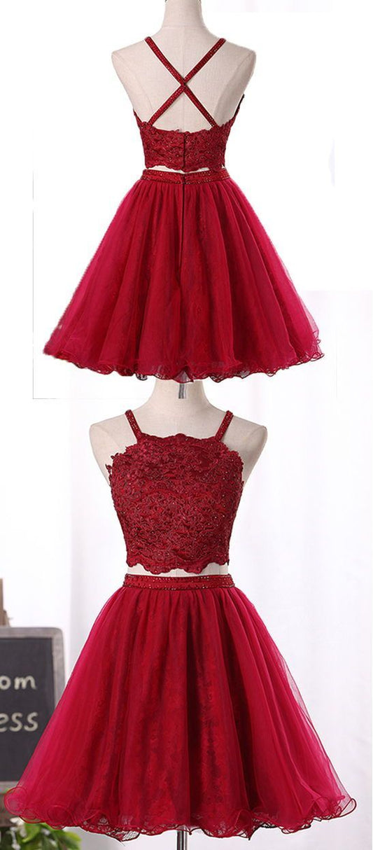 Wine Red Two Piece Tulle And Lovely Party Dresses Kira Lace Homecoming Dresses 2024 CD2713