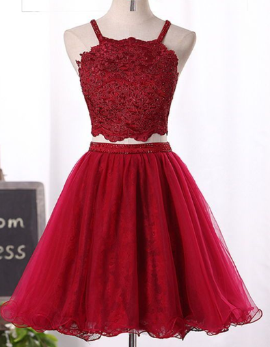 Wine Red Two Piece Tulle And Lovely Party Dresses Kira Lace Homecoming Dresses 2024 CD2713