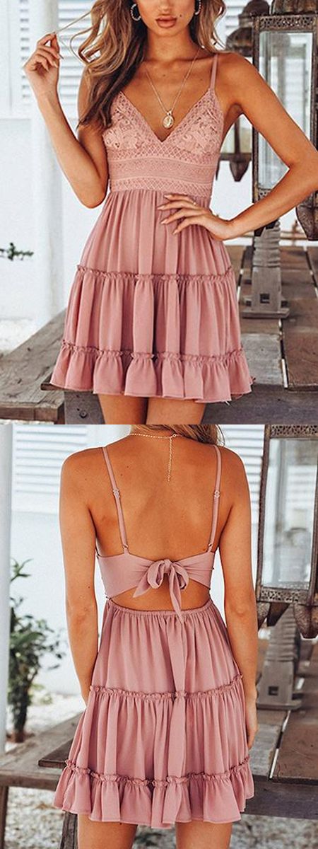 Spaghetti Pink Lace Homecoming Dresses Makaila Strap Plunge Panel Open Back Mini XXA2717