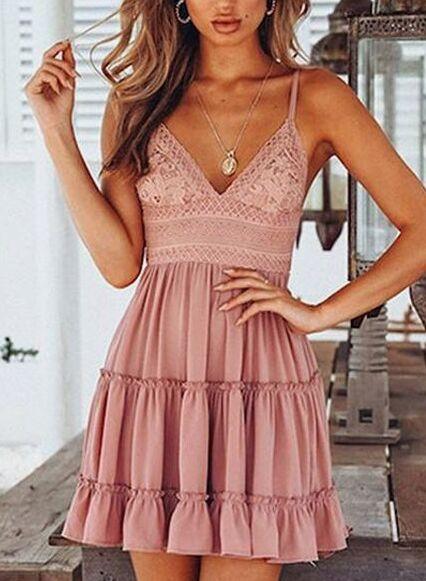 Spaghetti Pink Lace Homecoming Dresses Makaila Strap Plunge Panel Open Back Mini XXA2717