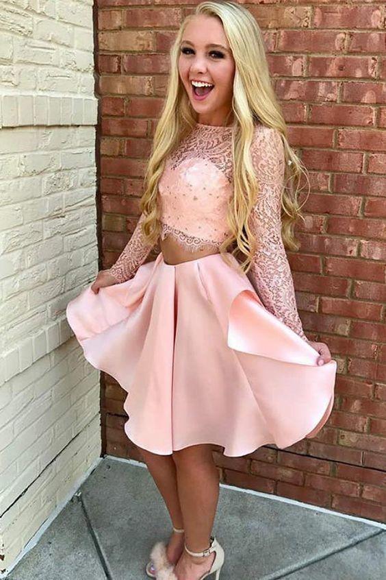 Pink Sarahi Lace Homecoming Dresses Two Piece Jewel Long Sleeves Short With Party Dress CD2728