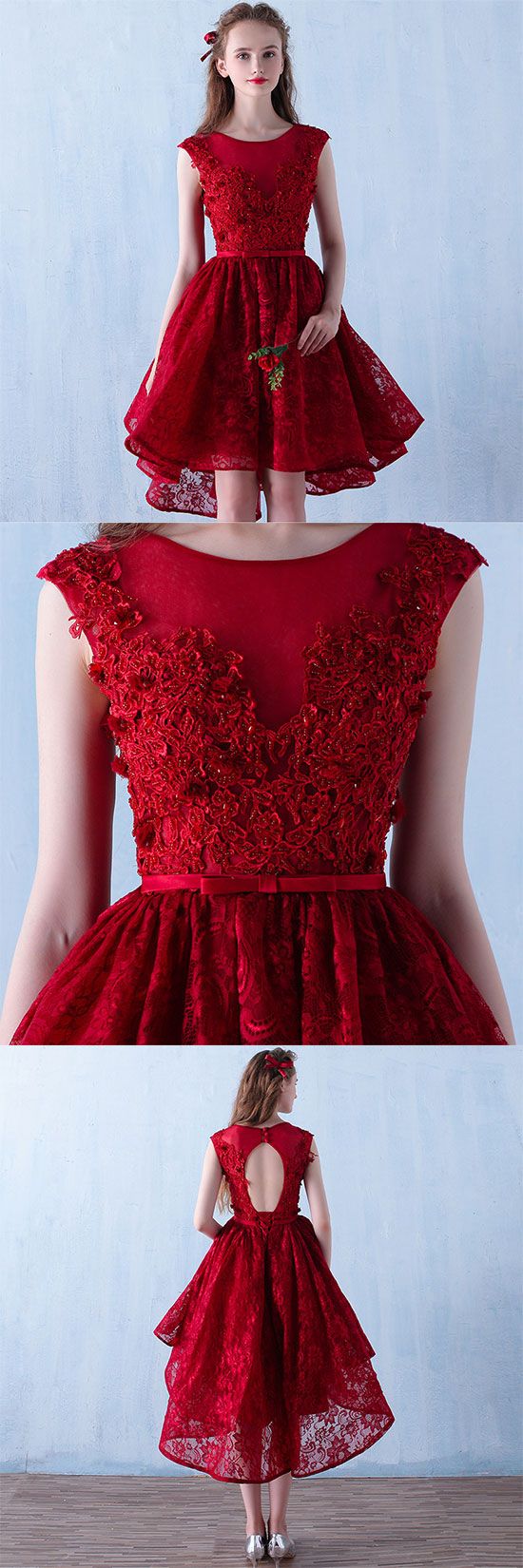 Burgundy High Low Short Evening Dress Lace Homecoming Dresses Kayleigh CD2741