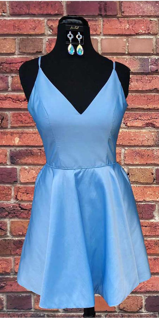 Spaghetti Strap V Neck Lacey Homecoming Dresses Sky Blue Short Dress XXA2767