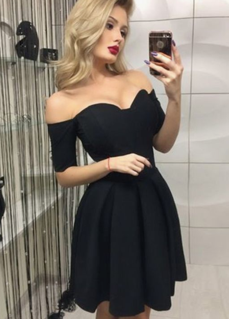 A-Line Off-The-Shoulder Short Sleeves Shannon Homecoming Dresses Cocktail Black Dress CD2799