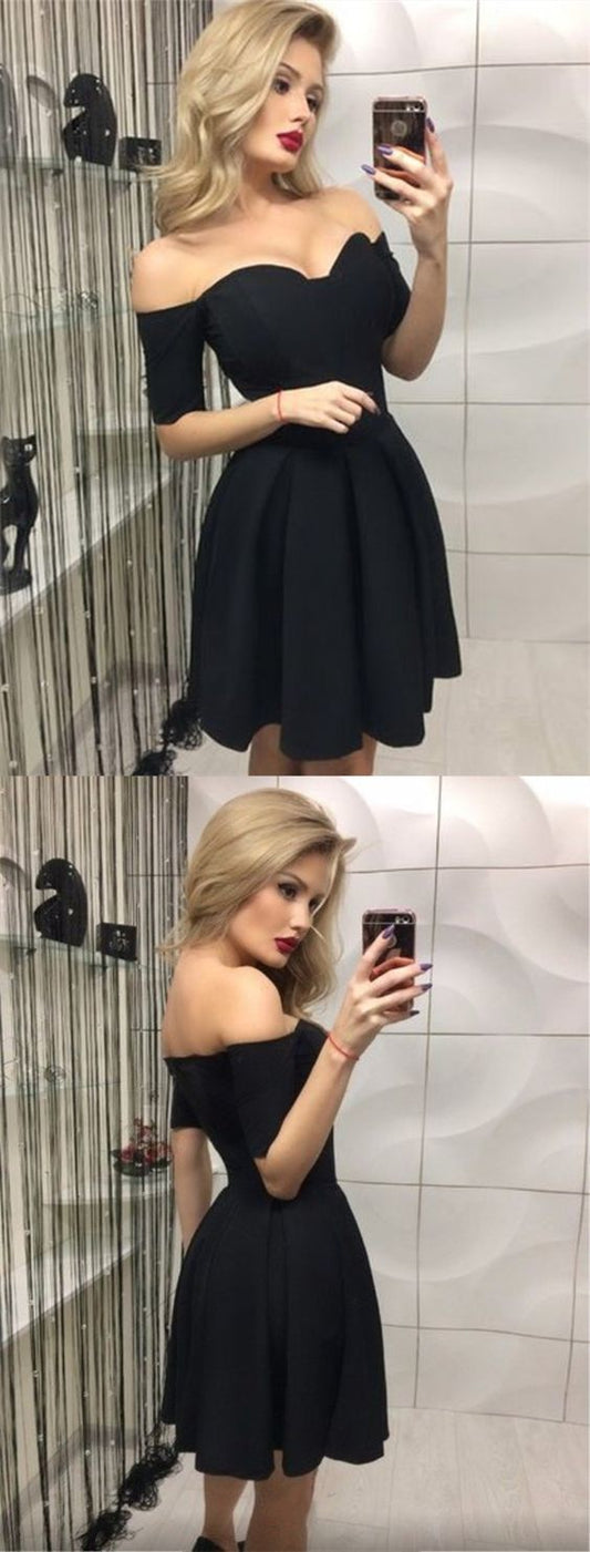 A-Line Off-The-Shoulder Short Sleeves Shannon Homecoming Dresses Cocktail Black Dress CD2799