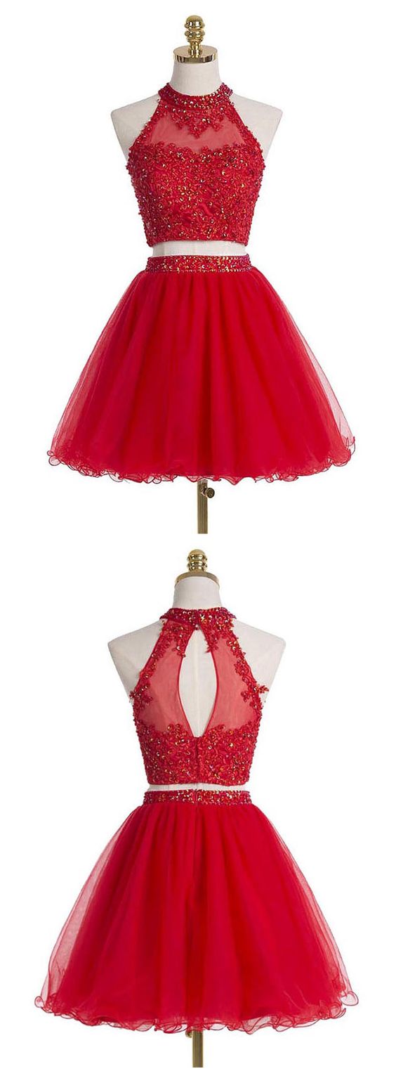 Two-Piece Scoop Short Red Organza Beaded With Appliques Homecoming Dresses Aniyah Sequins XXA283