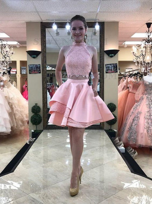 Two Piece Lace Adrianna Pink Homecoming Dresses High Neck Above-Knee With Pockets CD2832