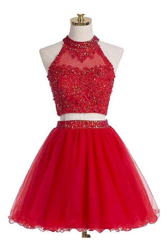 Two-Piece Scoop Short Red Organza Beaded With Appliques Homecoming Dresses Aniyah Sequins XXA283