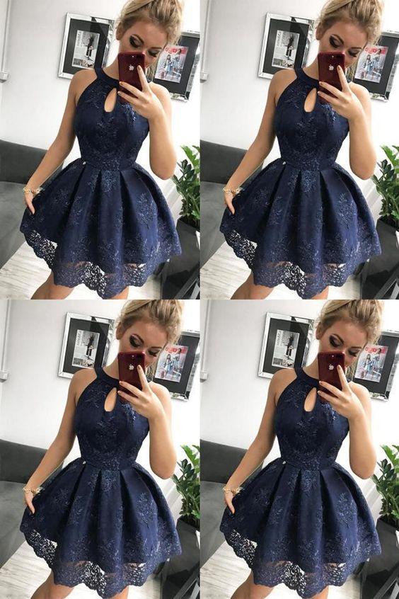 Navy Blue Simple Sleeveless Short Party Homecoming Dresses Lace Lizeth Dresses XXA2854