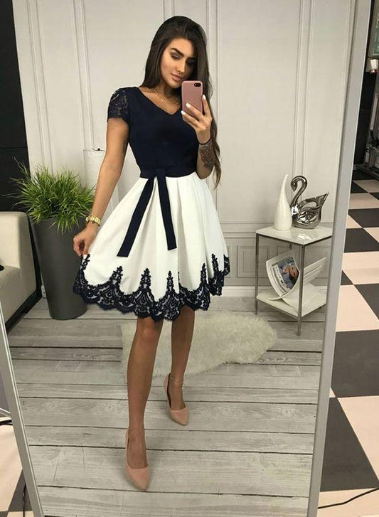 Cute V Neck Black And White Homecoming Dresses Penelope Lace Short Dress XXA2876