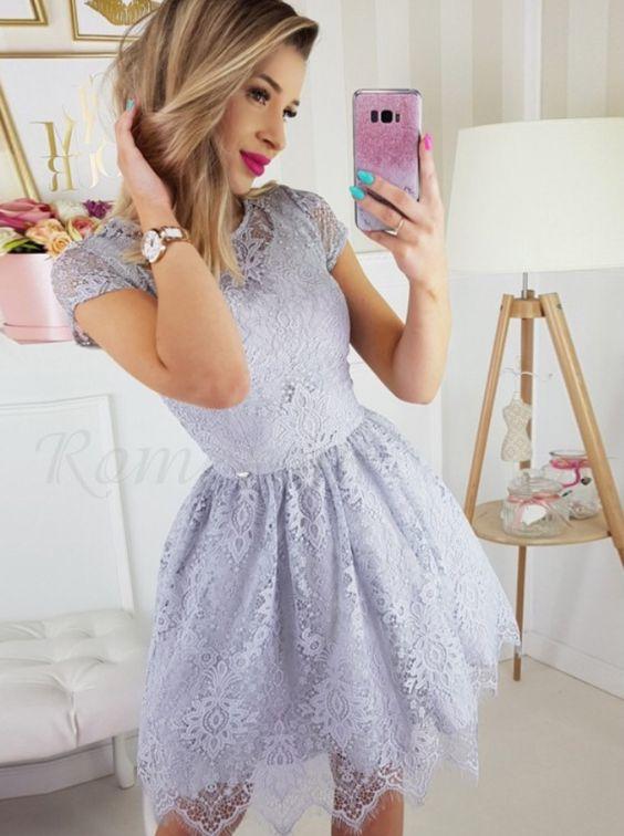 A-Line Crew Homecoming Dresses Irene Lace Short Sleeves Above-Knee Lavender Party Dress XXA2881