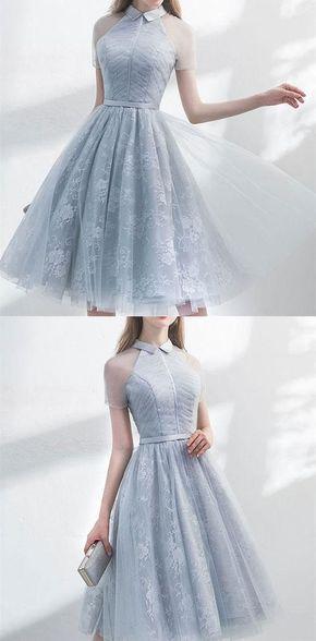 Unique Grey Homecoming Dresses Fatima Tulle A-Line See Through Short Sleeves Dress Elegant Party Dress XXA290