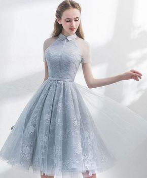 Unique Grey Homecoming Dresses Fatima Tulle A-Line See Through Short Sleeves Dress Elegant Party Dress XXA290