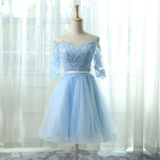 Light Homecoming Dresses Michaelia Lace Blue Tulle Cockail Dress Off The Shoulder With Appliques XXA2944